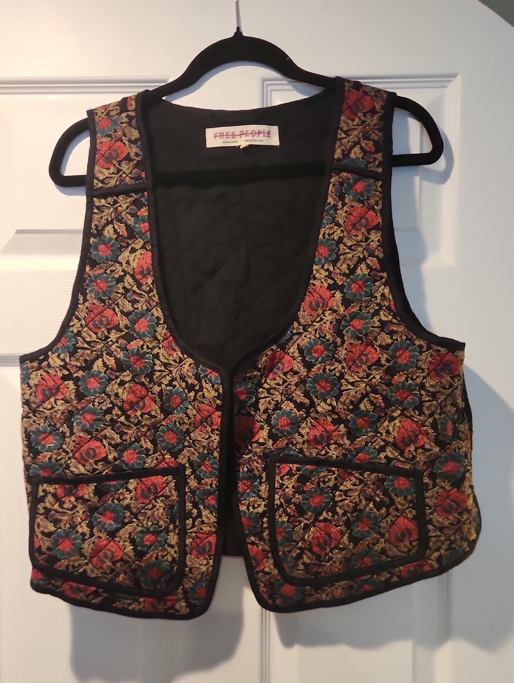 Free People Black Quilted Vest with Red & Teal Floral Pattern